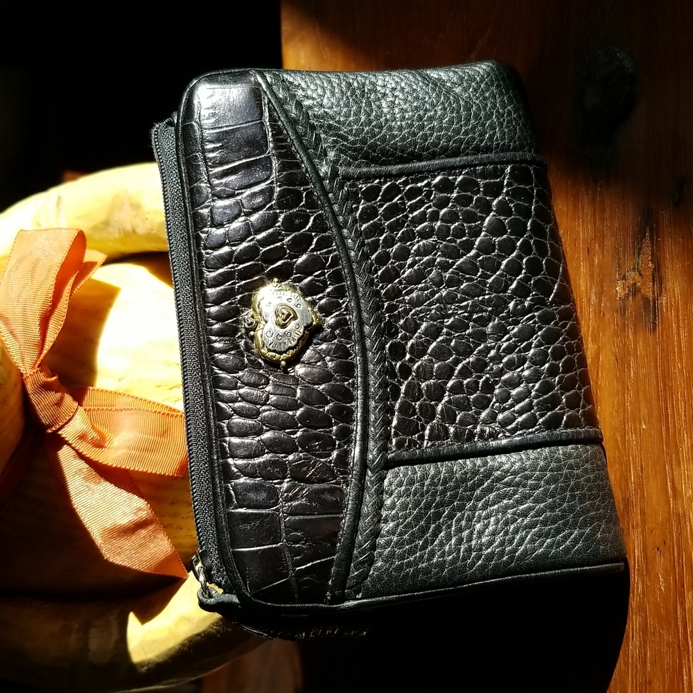 Black Croc-Texture Leather Wristlet with Heart Accent